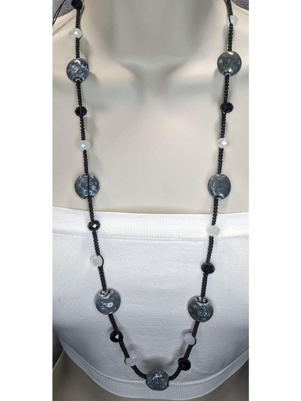 Boho Artisan Handmade Ceramic Glass Beaded Long Black Cord Necklace